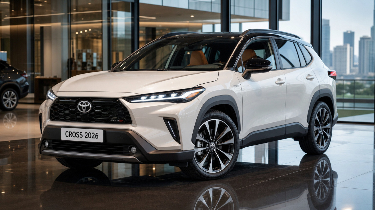 SUV Toyota Corolla Cross 2026 branco com teto preto exibido em showroom moderno.