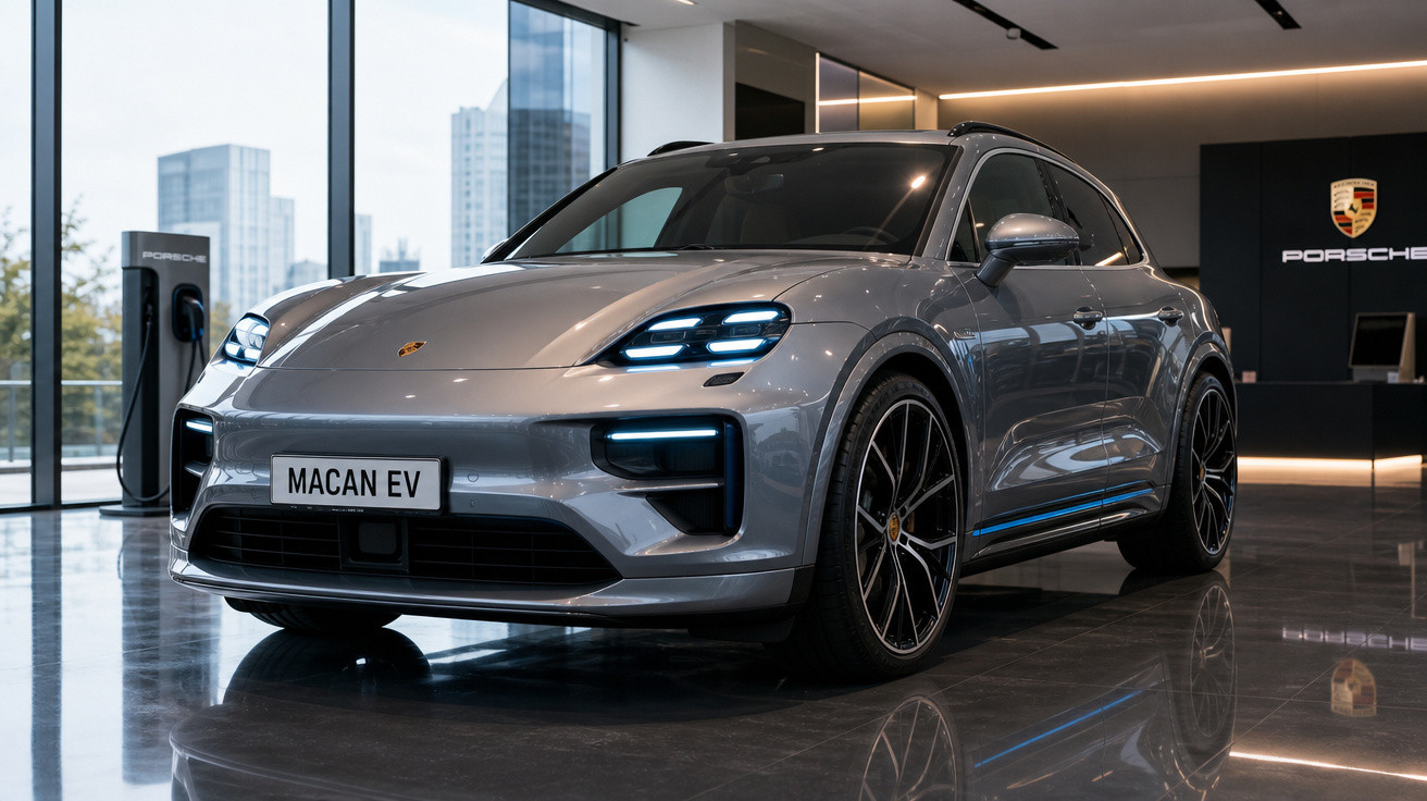 Carro elétrico Porsche Macan EV cinza brilhante em showroom moderno com piso refletivo e carregador ao fundo.