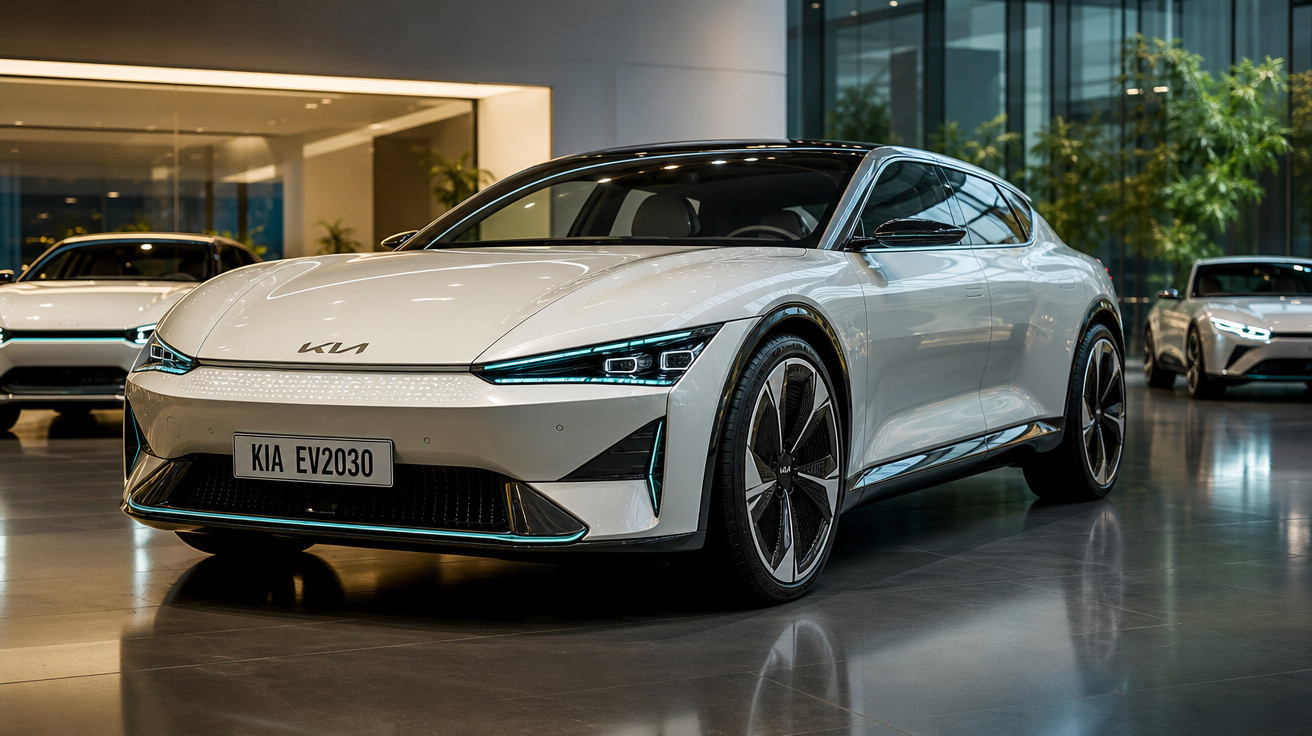 Carro elétrico branco Kia EV2030 em exposição dentro de showroom moderno com piso refletivo.