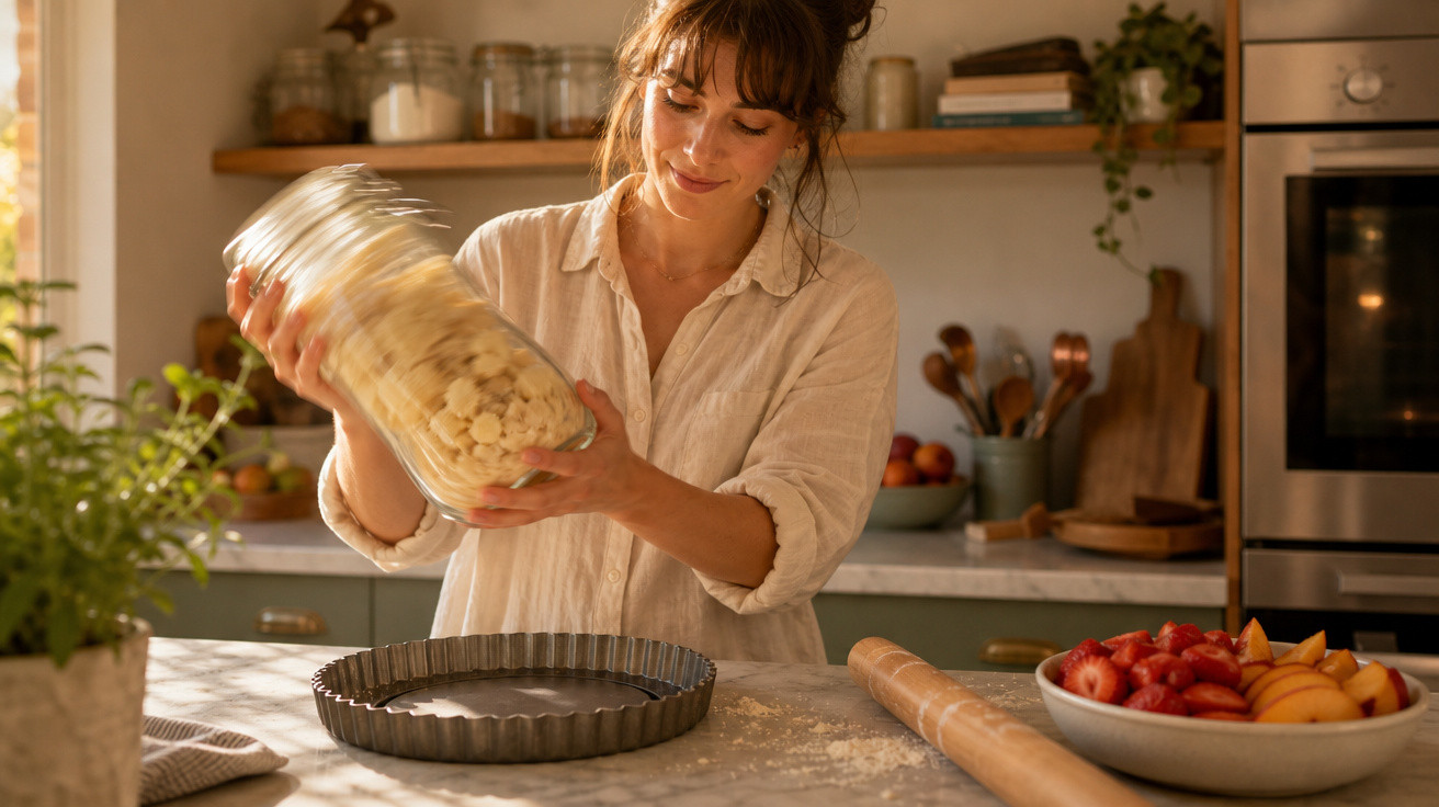 Mulher preparando massa para torta em cozinha iluminada com frutas e utensílios ao redor.