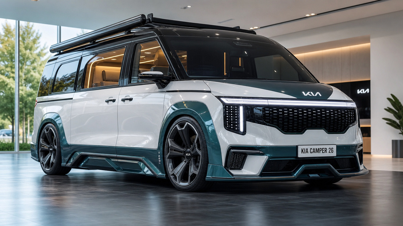 Van Kia Camper 26 branca e verde com design moderno exposta em ambiente interno iluminado.