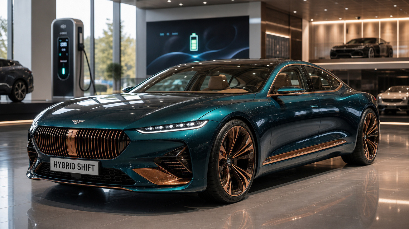Carro híbrido esportivo verde com detalhes dourados em salão moderno com iluminação sofisticada.