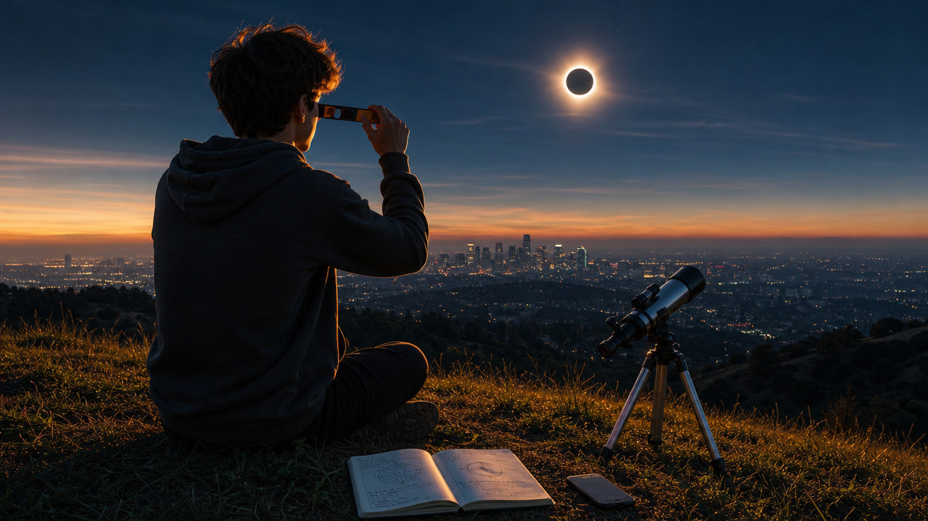 Pessoa sentada observando eclipse solar com óculos especiais, com telescópio e caderno ao lado em colina ao entardecer.