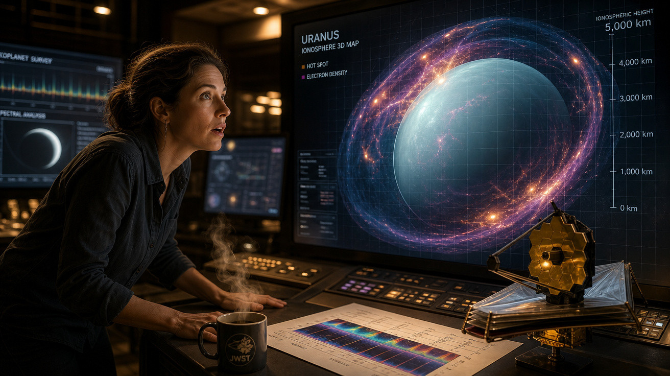 Mulher observando mapa 3D da ionosfera de Urano em tela com modelo do telescópio espacial JWST.