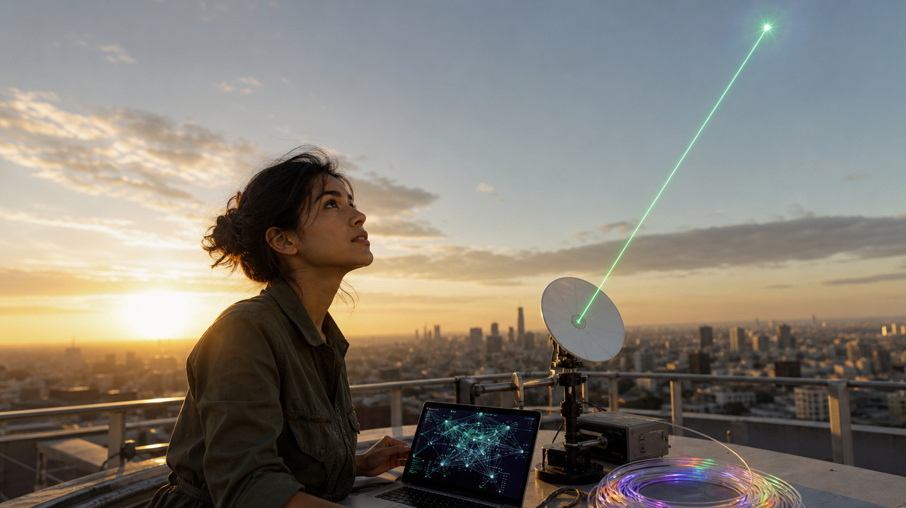 Mulher supervisiona experimento com laser verde e laptop em telhado ao pôr do sol, com vista para a cidade.