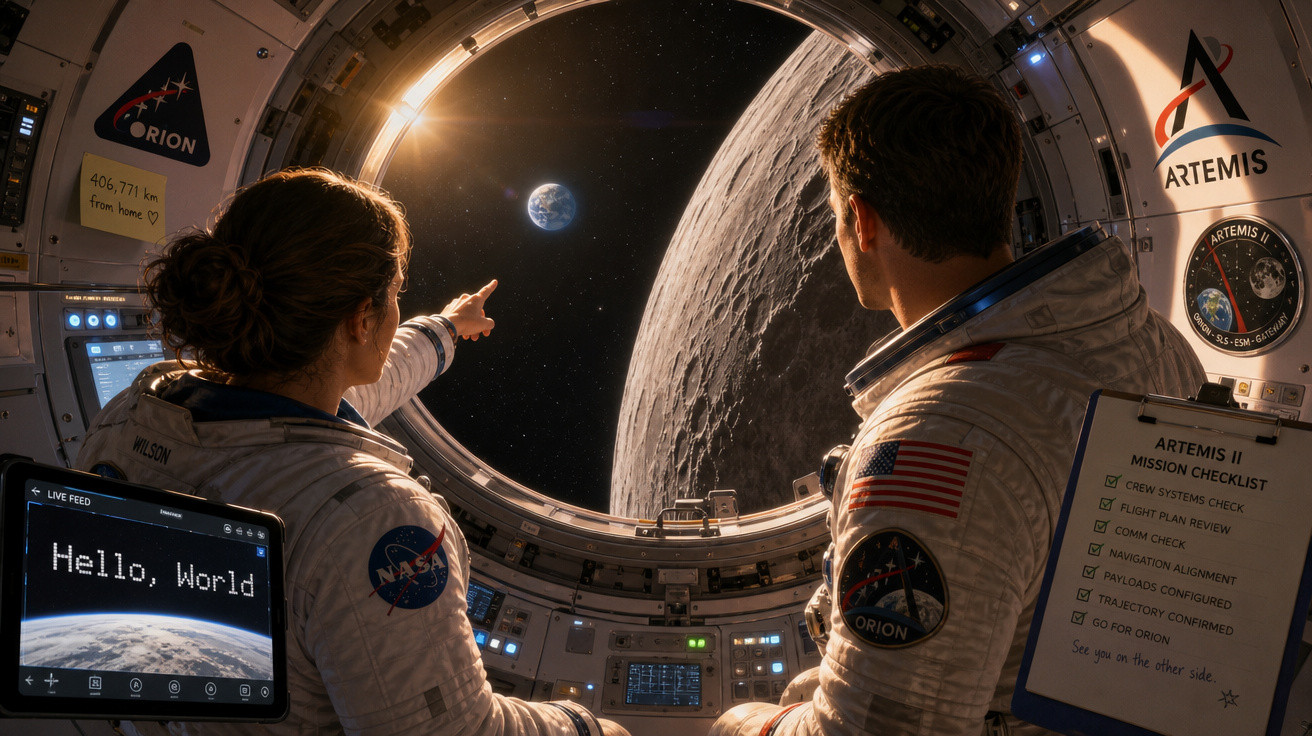 Astronautas observam a Terra e a Lua através da janela da nave espacial Artemis II.