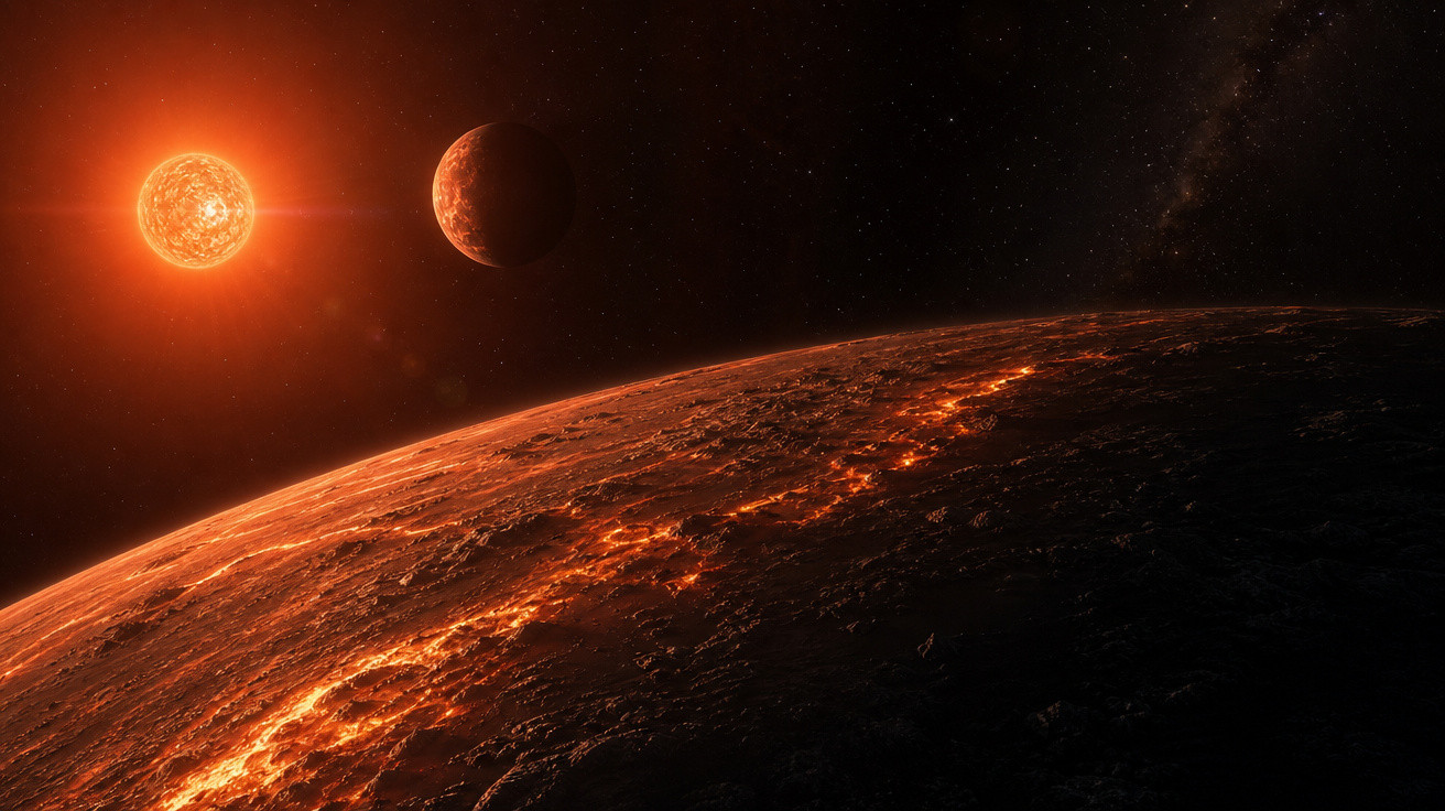 Superfície de planeta com lava exposta, próximo a uma estrela brilhante e um planeta escuro ao fundo.