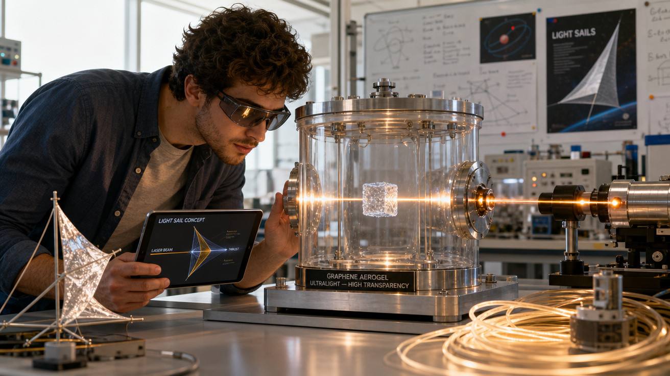 Cientista ajusta equipamento com aerogel de grafeno transparente em laboratório moderno.
