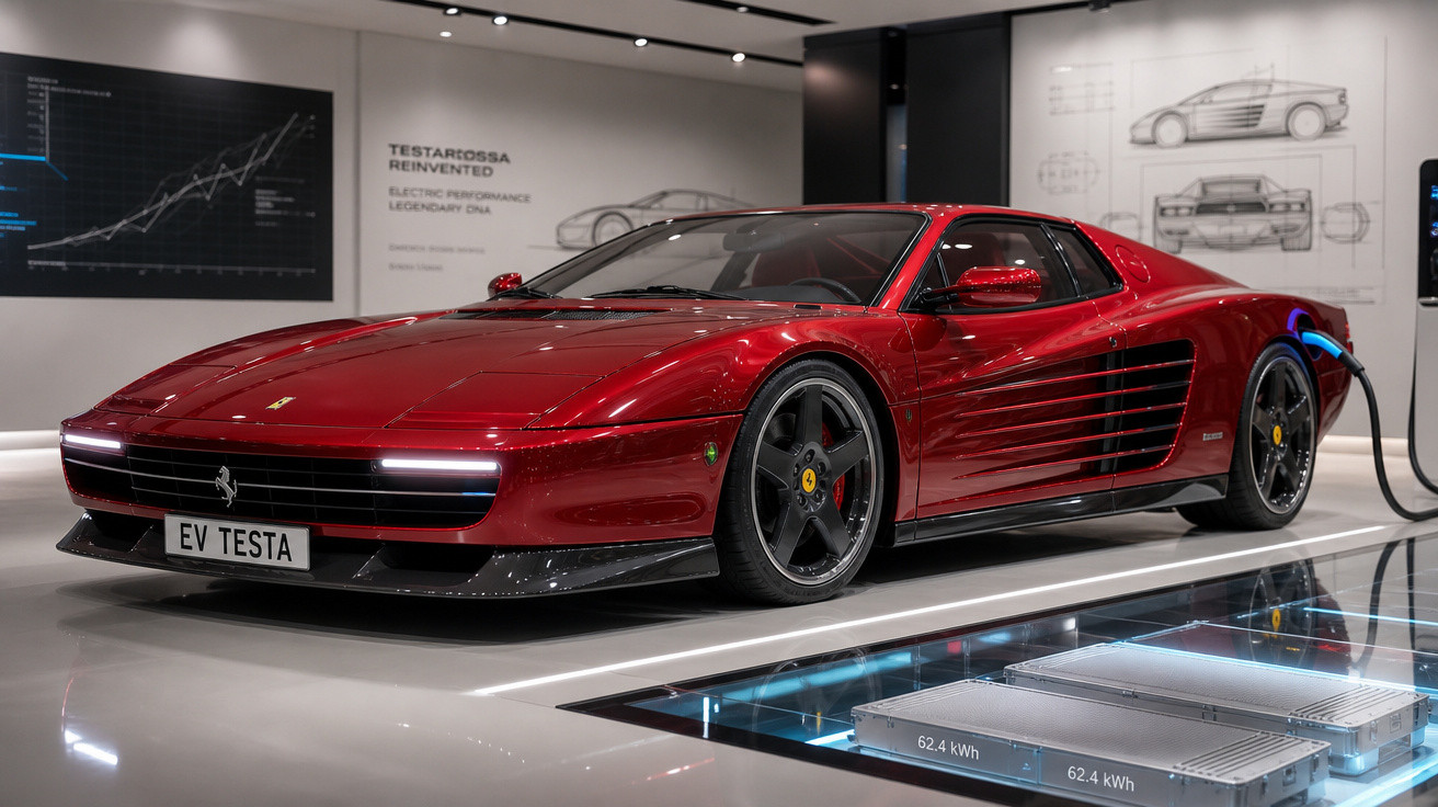 Carro esportivo vermelho Ferrari Testarossa elétrico em exposição, sendo carregado em showroom moderno.
