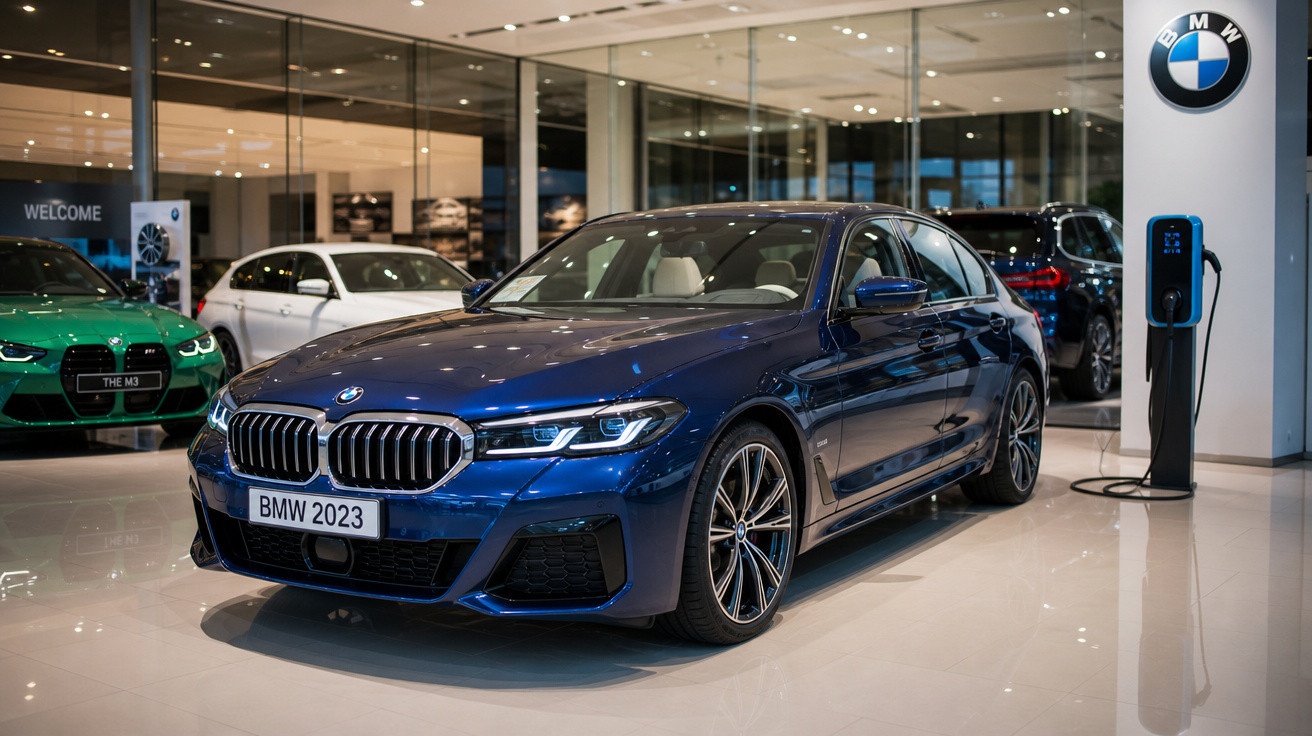 Carro BMW azul 2023 em exposição, showroom com outros carros ao fundo e estação de carregamento.