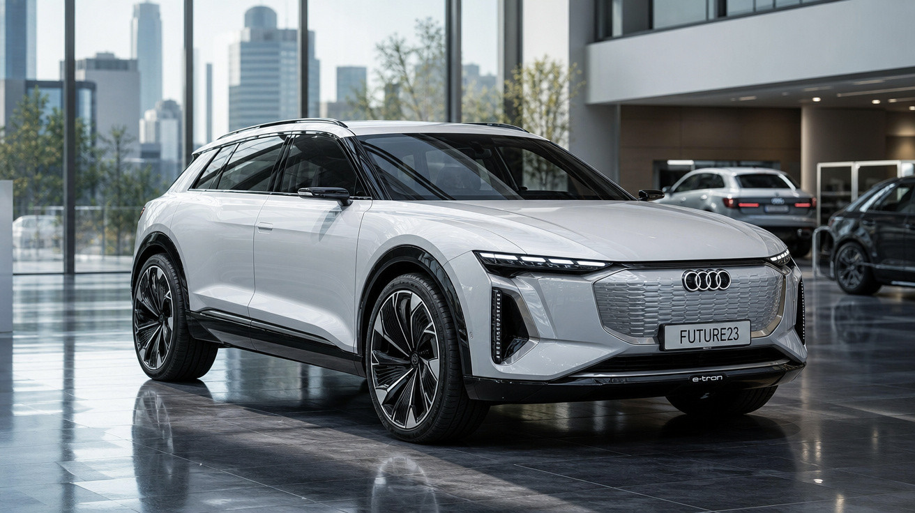 Carro elétrico Audi e-tron branco estacionado em showroom moderno com vidro e cidade ao fundo.