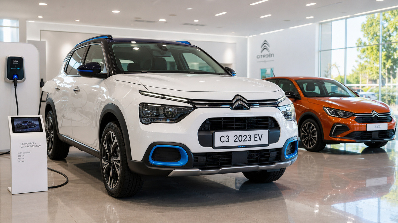 SUV elétrico branco Citroën C3 2023 EV em showroom ao lado de carro compacto laranja plugado para carregamento.
