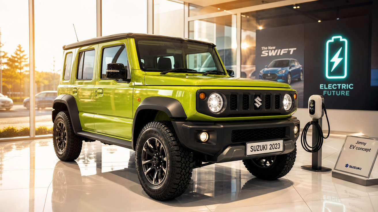 Carro SUV elétrico Suzuki Jimny 2023 verde em exposição com carregador em showroom moderno.