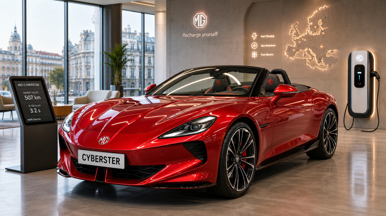 Carro esportivo elétrico vermelho MG Cyberster exposto em showroom moderno com painel de informações e estação de recarga.