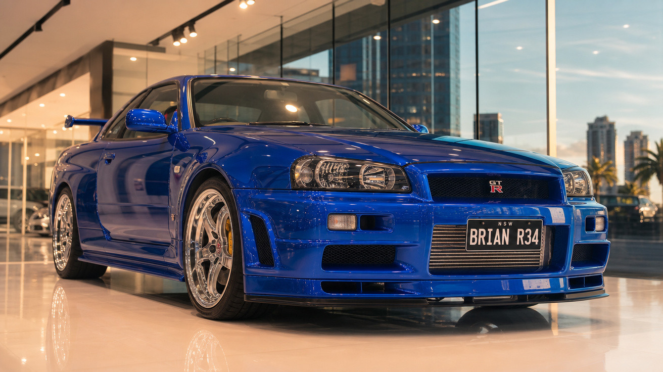 Carro esportivo azul Nissan GT-R R34 estacionado em ambiente interno moderno e iluminado.