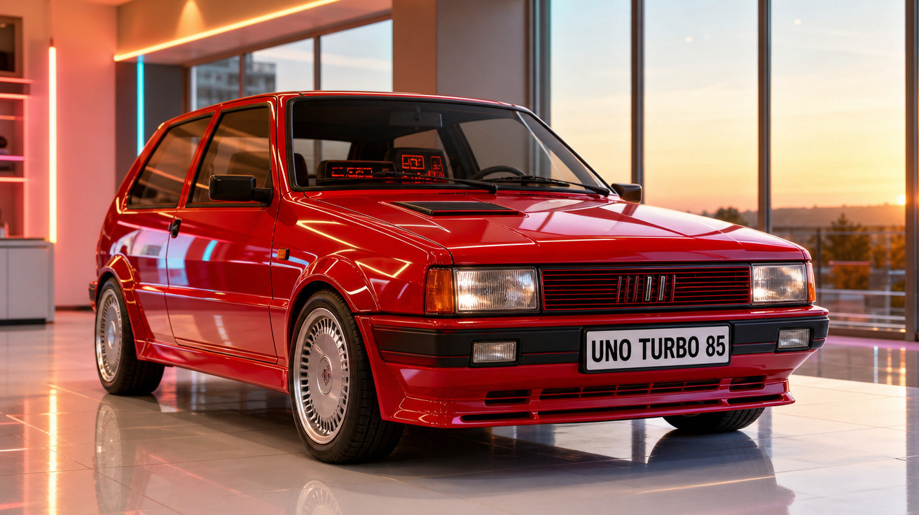 Carro esportivo vermelho Fiat Uno Turbo 85 em exposição interna com luz natural do pôr do sol.