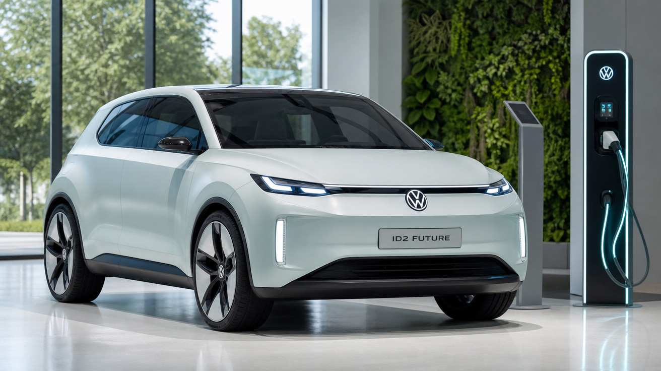 Carro elétrico branco Volkswagen ID.2 Future carregando em estação interna moderna.