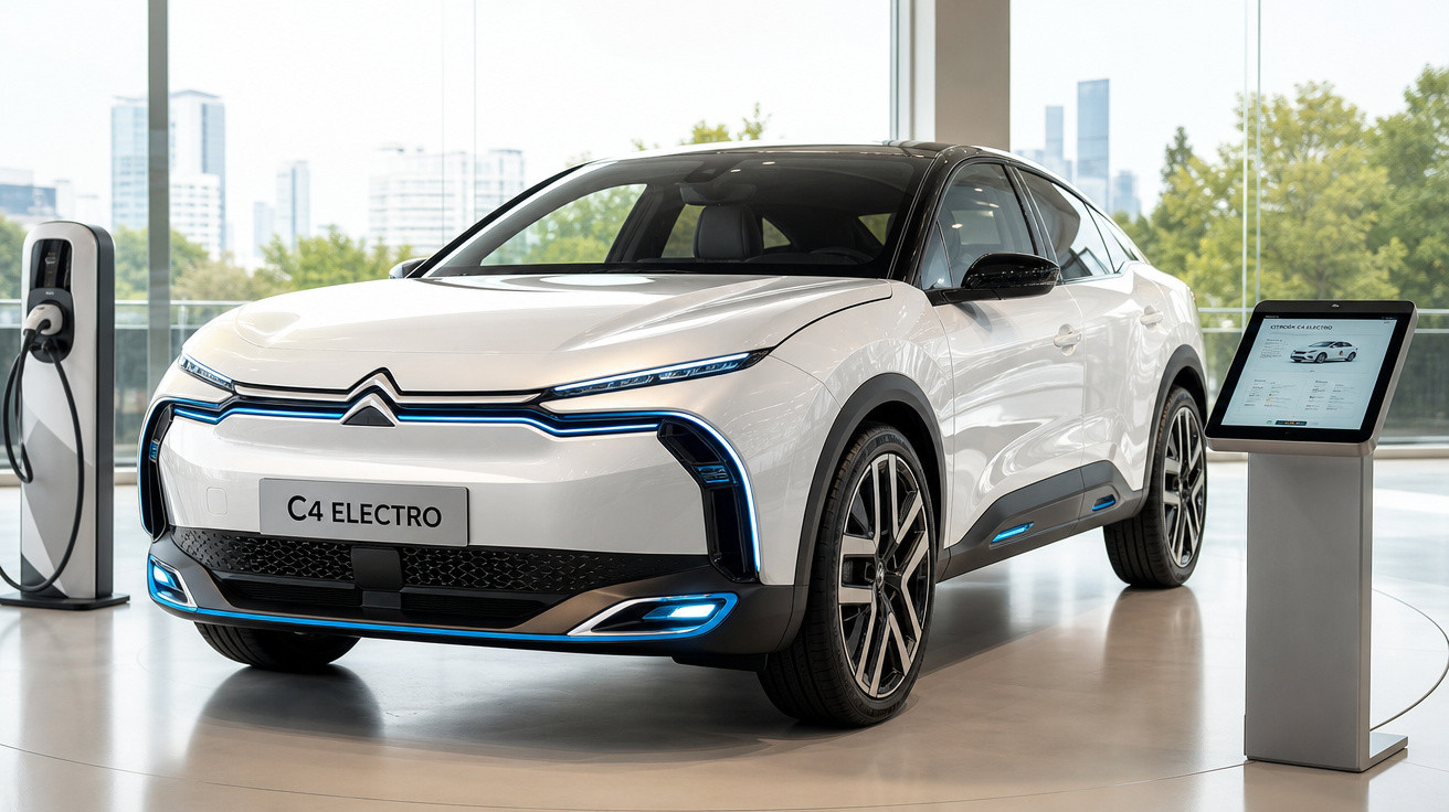 Carro elétrico branco Citroën C4 Electro exibido em showroom moderno com estação de carregamento ao lado.