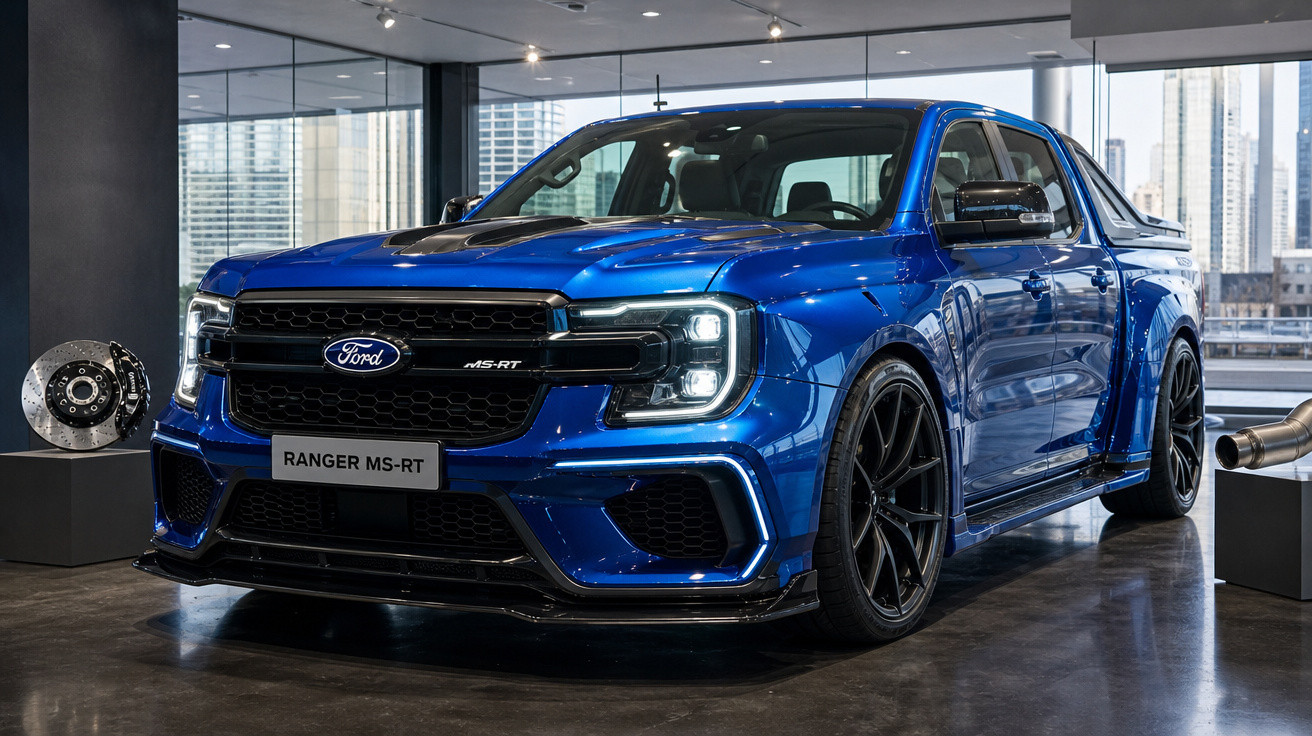 Picape Ford Ranger MS-RT azul exposta em showroom moderno com rodas pretas esportivas.