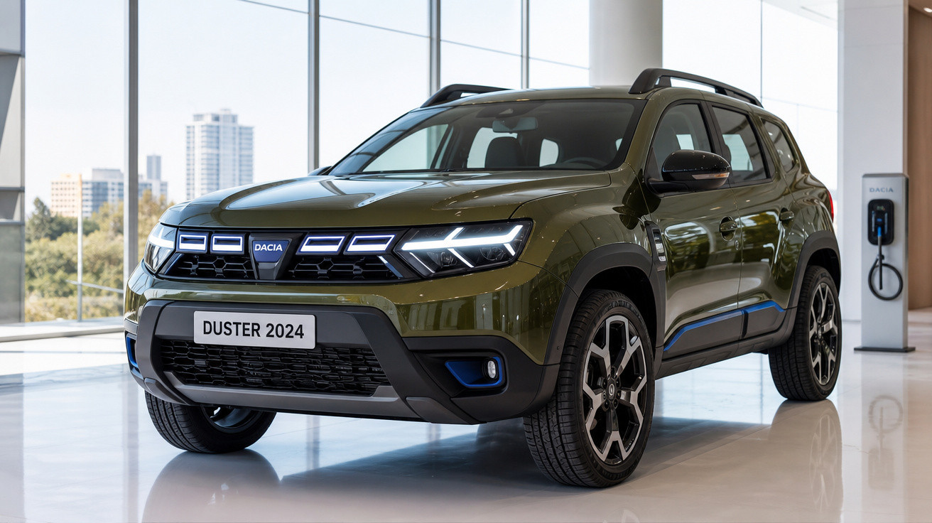 Carro SUV Dacia Duster 2024 verde em showroom com luz natural e carregador elétrico ao fundo.