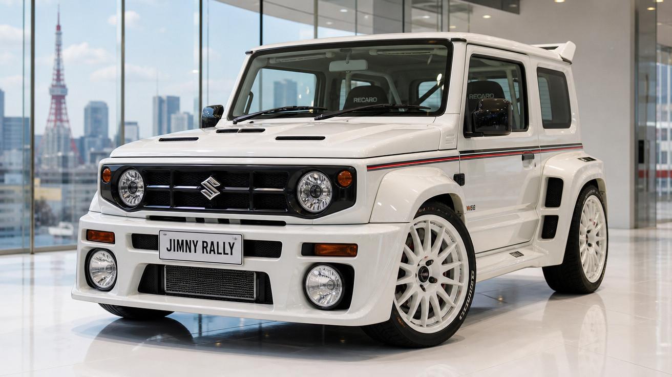 Carro branco Suzuki Jimny Rally exibido em showroom com janelas panorâmicas e vista urbana ao fundo.