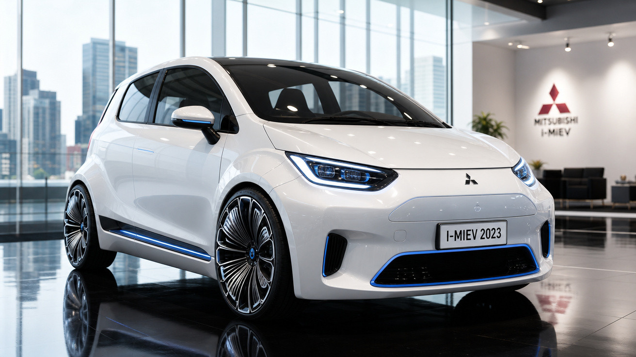 Carro elétrico Mitsubishi I-Miev 2023 branco em exposição interna com piso refletivo e fundo urbano.