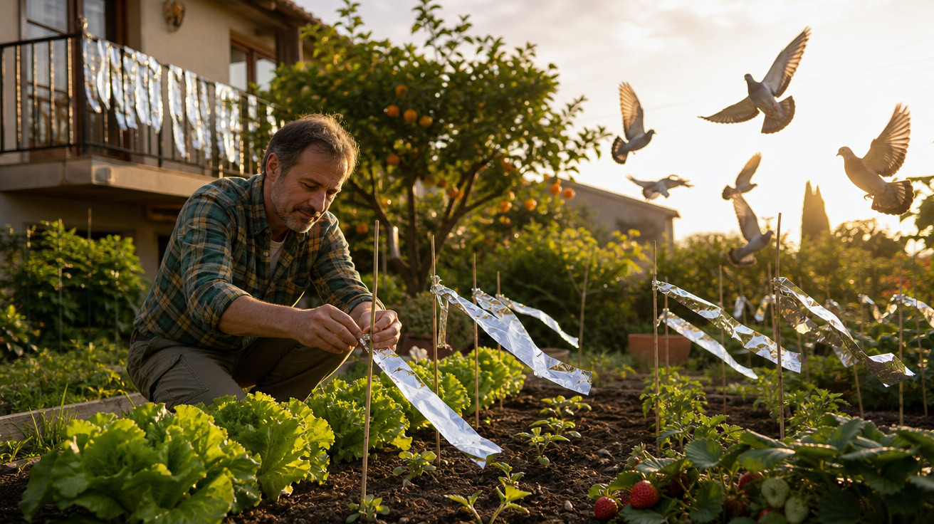 Homem cuidando de plantas na horta com fitas refletoras para espantar pássaros ao entardecer.