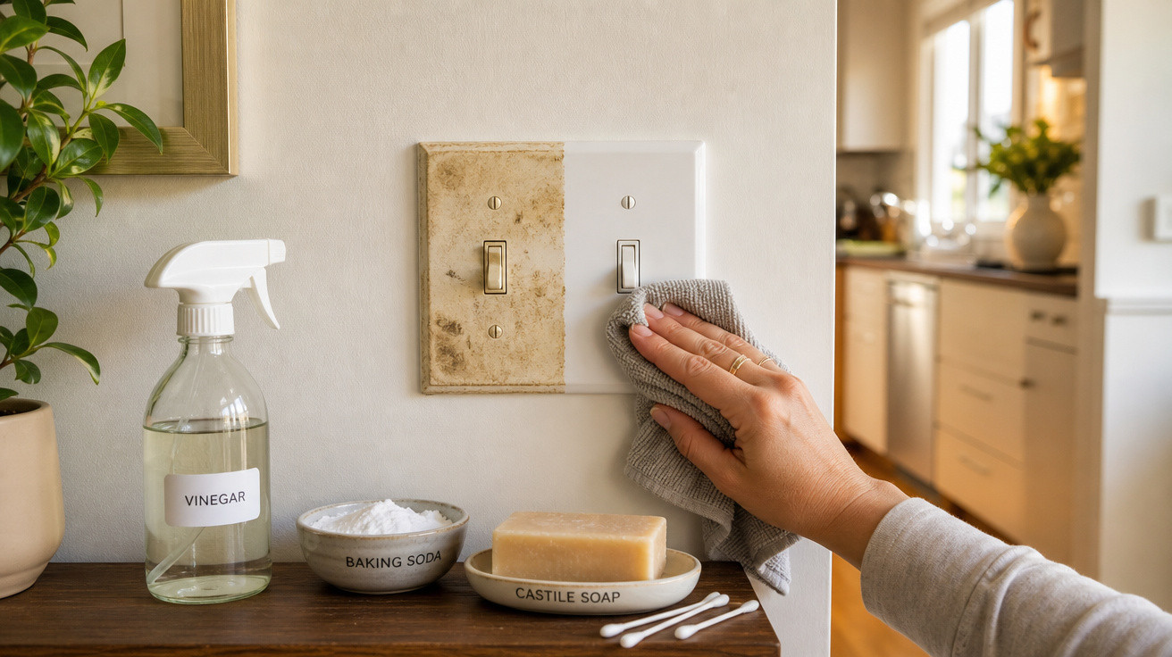 Pessoa limpando interruptor de luz com pano, ao lado de produtos de limpeza ecológicos: vinagre, bicarbonato e sabão.