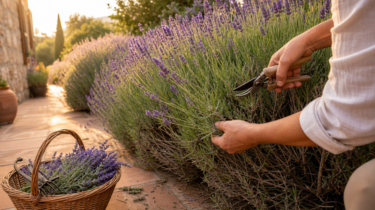 Pessoa colhendo flores de lavanda com tesoura de poda ao pôr do sol em jardim externo.