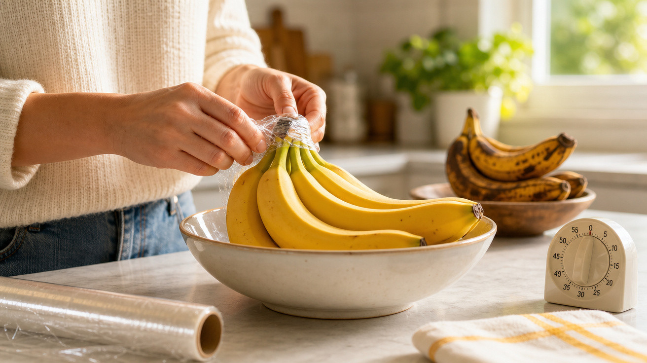 Pessoa embrulhando um cacho de bananas amarelas com plástico filme em uma tigela na cozinha.