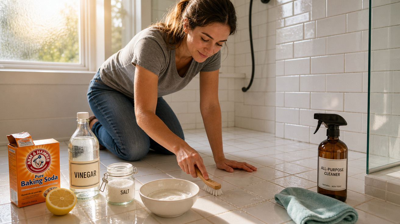 Mulher limpando rejunte do piso com escova e produtos naturais como vinagre, bicarbonato e limão.