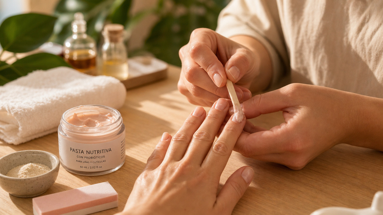 Pessoa aplicando creme nutritivo para unhas e cutículas em outra mão sobre mesa de madeira.