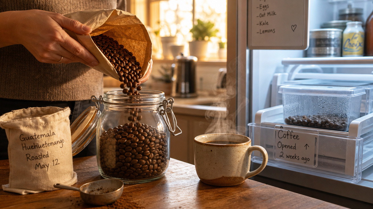 Mãos despejando grãos de café em pote de vidro, ao lado de xícara fumegante e saco de café em cozinha ensolarada.