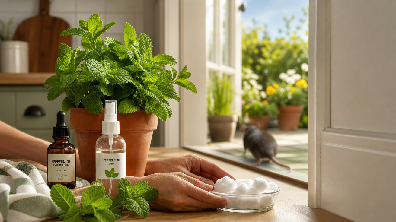 Mãos seguram algodão, plantas de hortelã em vaso, produtos de hortelã e um rato saindo para o jardim.