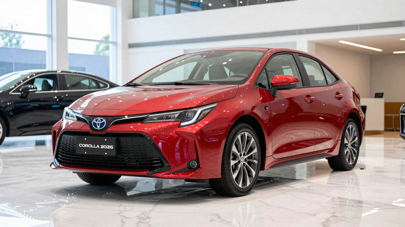 Carro sedã vermelho Toyota Corolla 2026 em exposição dentro de concessionária moderna.