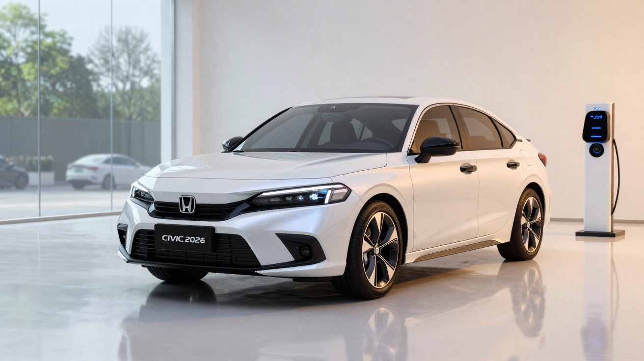 Carro branco Honda Civic 2026 estacionado em ambiente interno com estação de recarga elétrica.