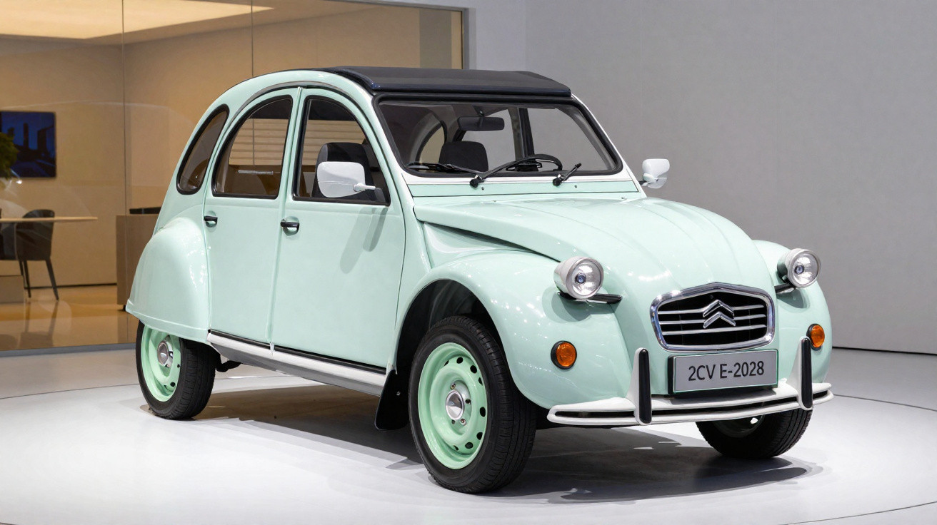 Carro clássico Citroën 2CV creme exibido em ambiente interno moderno.
