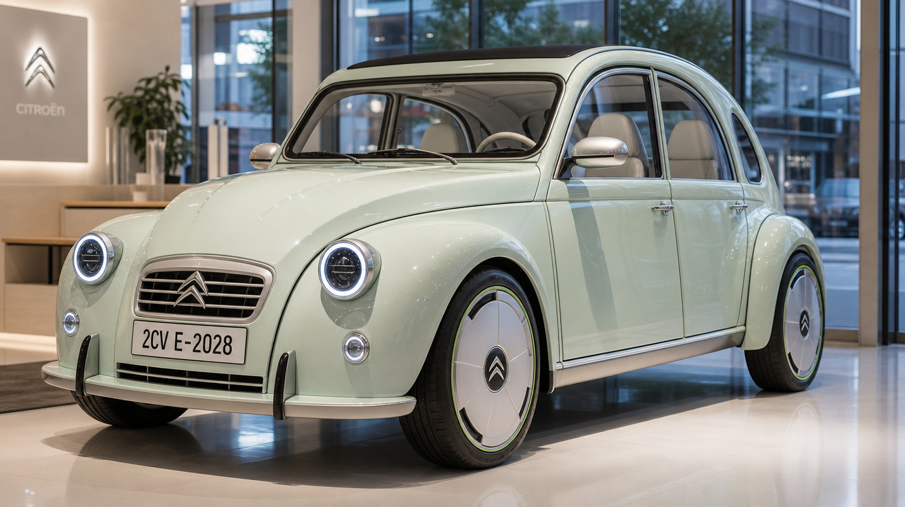 Carro Citroën 2CV E-2028 branco exposto em showroom moderno com iluminação natural.