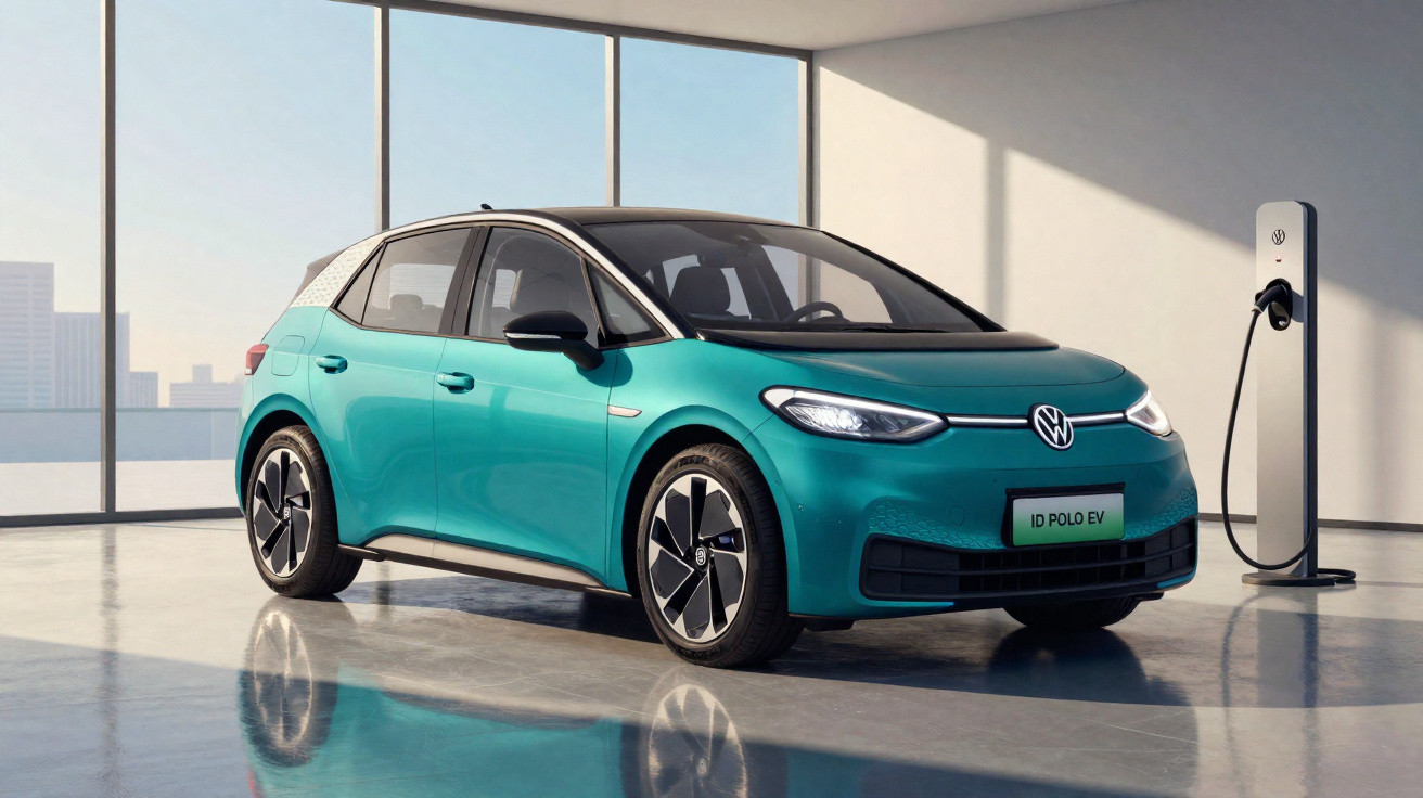 Carro elétrico Volkswagen ID. Polo EV azul carregando em estação interna com parede de vidro ao fundo.