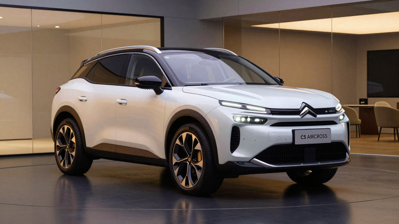 SUV Citroën C5 Aircross branco em ambiente interno moderno com teto e rodas pretas.