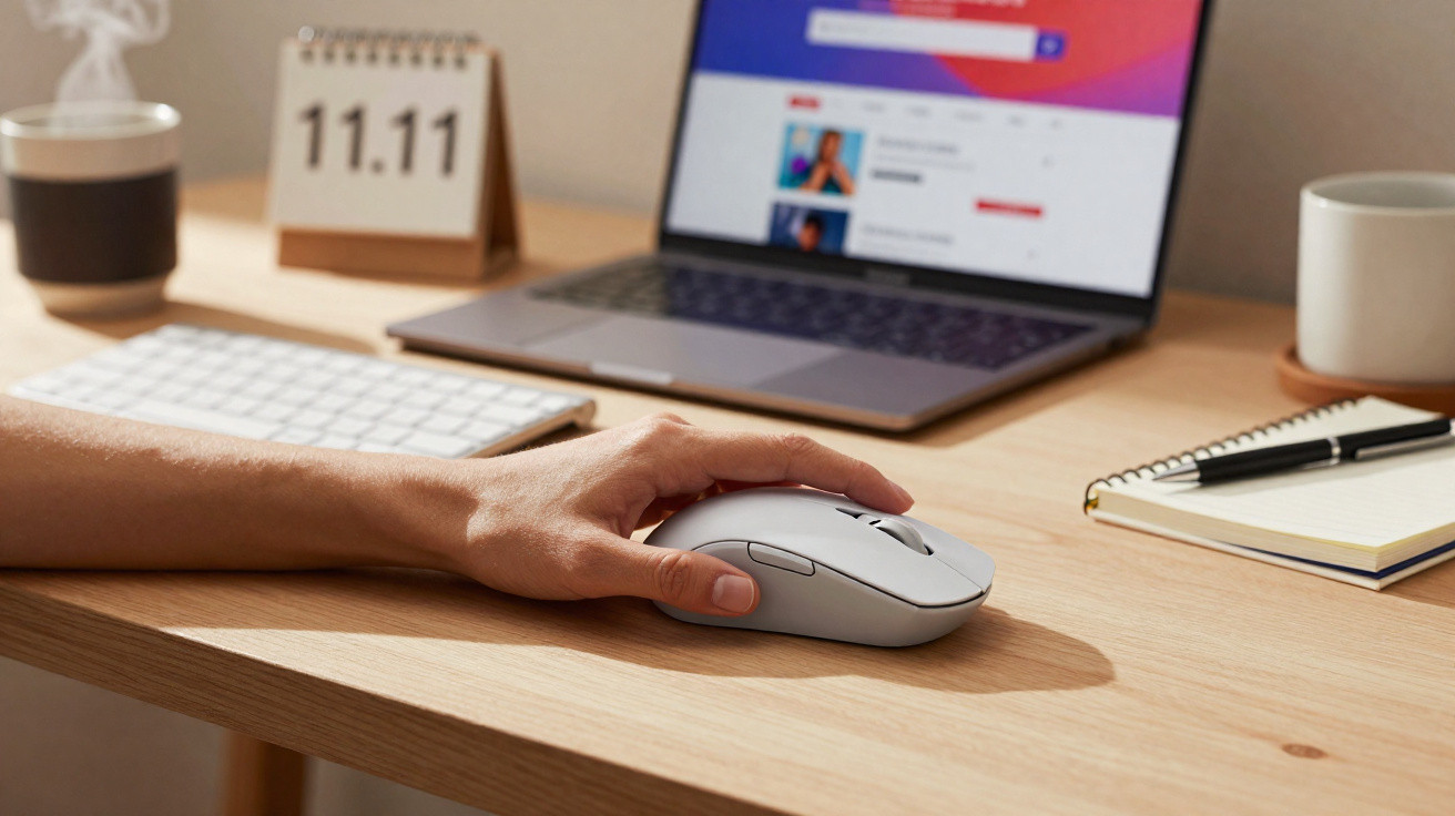Mão segurando mouse branco em mesa com teclado, laptop, calendário, caderno e caneca.