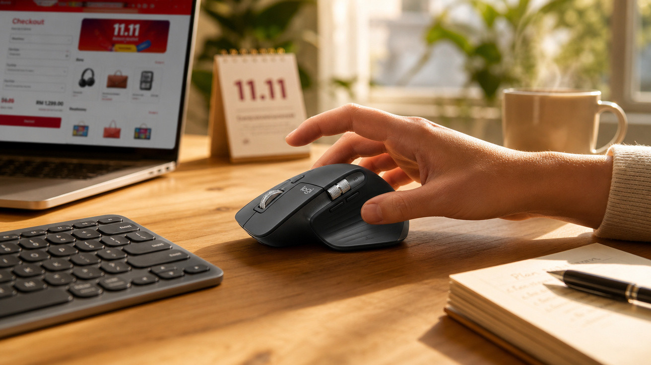Pessoa usando mouse ao lado de teclado, notebook com página de compra e calendário marcando 11.11 na mesa de madeira.