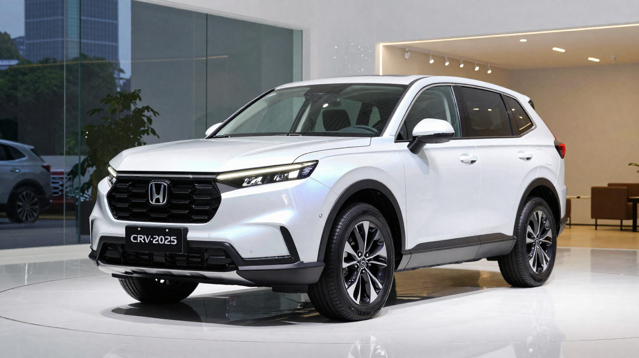 Carro SUV branco Honda CRV 2025 exibido em showroom moderno com piso branco e luzes internas.