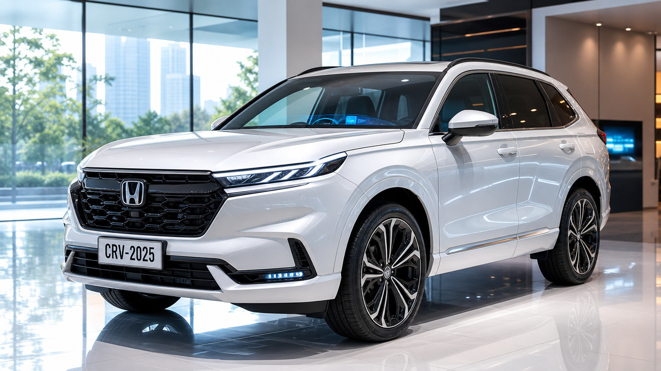 SUV Honda CR-V branco 2025 exibido em showroom moderno com teto preto e rodas esportivas.