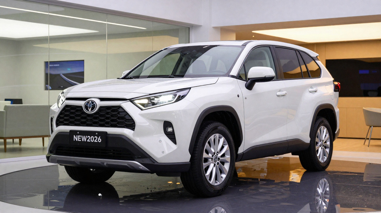 Carro SUV branco Toyota novo modelo 2026 exposto em showroom moderno com piso brilhante.
