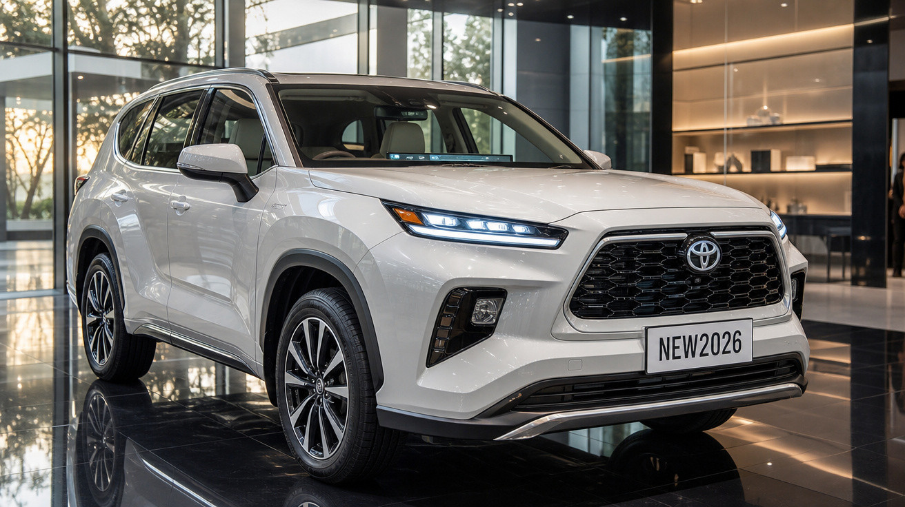 SUV branco Toyota 2026 em showroom com faróis acesos em ambiente moderno e iluminação indireta.