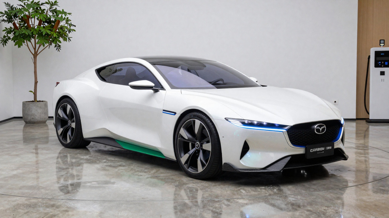 Carro esportivo branco Mazda elétrico exibido em ambiente interno com carregador e planta ao fundo.