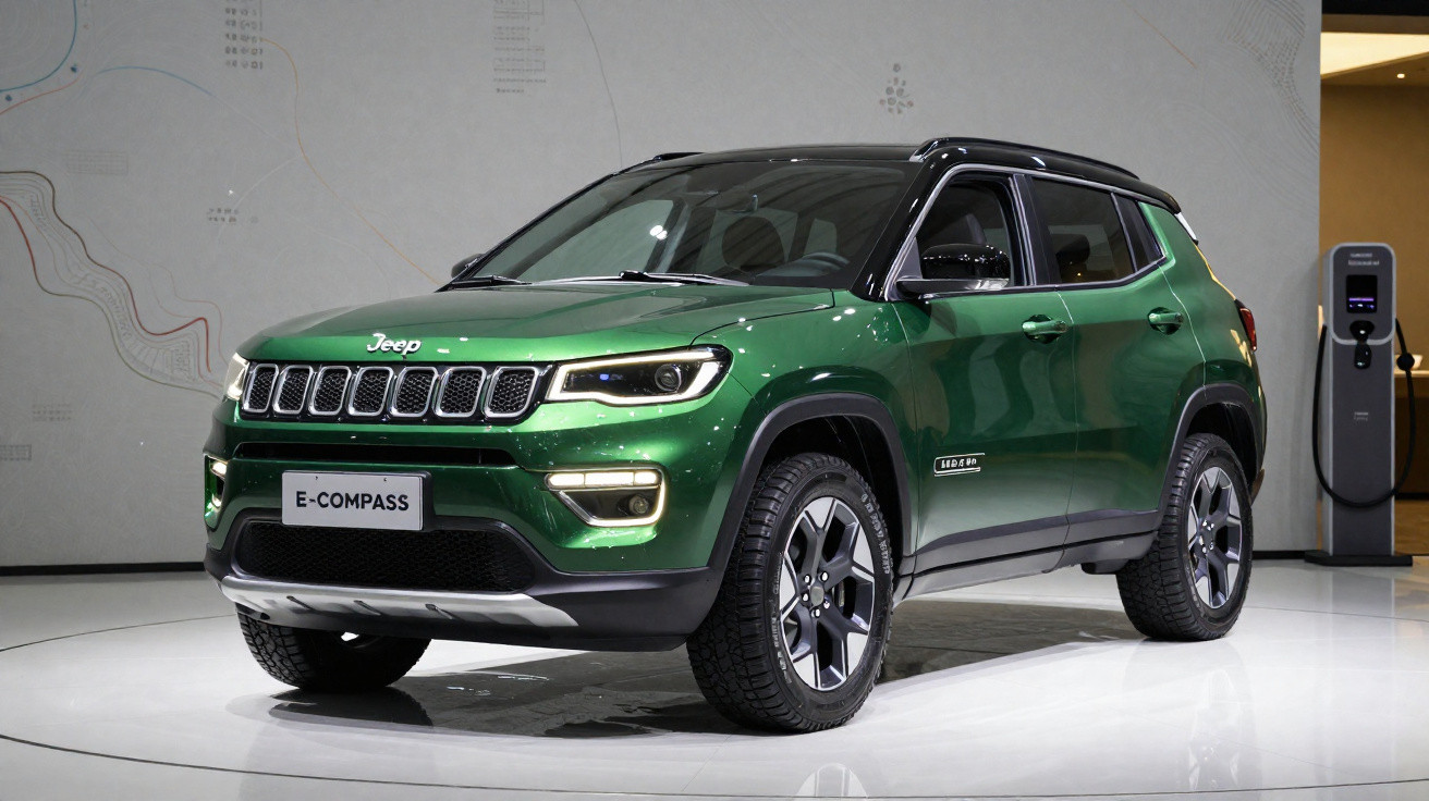 Carro SUV Jeep E-Compass elétrico verde em exposição, com detalhes em preto e carregador ao fundo.