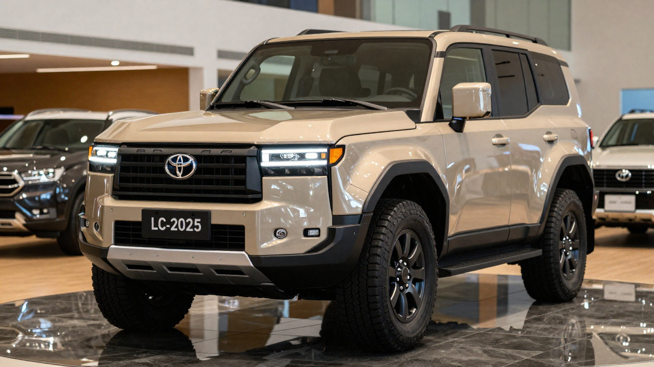 SUV Toyota Land Cruiser 2025 bege em exposição dentro de concessionária.