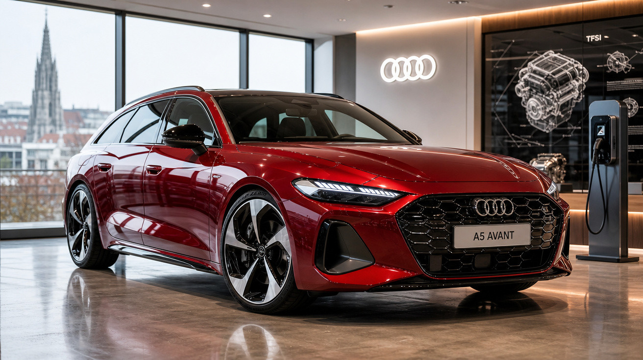 Carro Audi A5 Avant vermelho exposto em showroom moderno com painel informativo ao fundo.